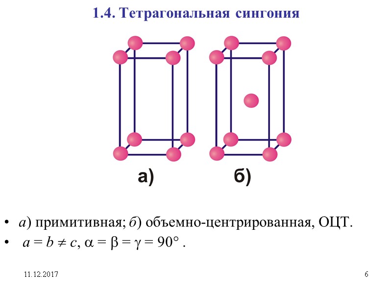 11.12.2017 6 1.4. Тетрагональная сингония а) примитивная; б) объемно-центрированная, ОЦТ.  a = b